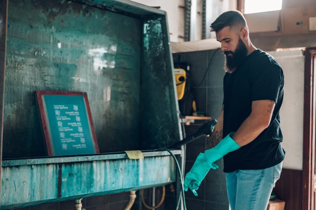Male worker cleaning screen frame with water in a printing workshop